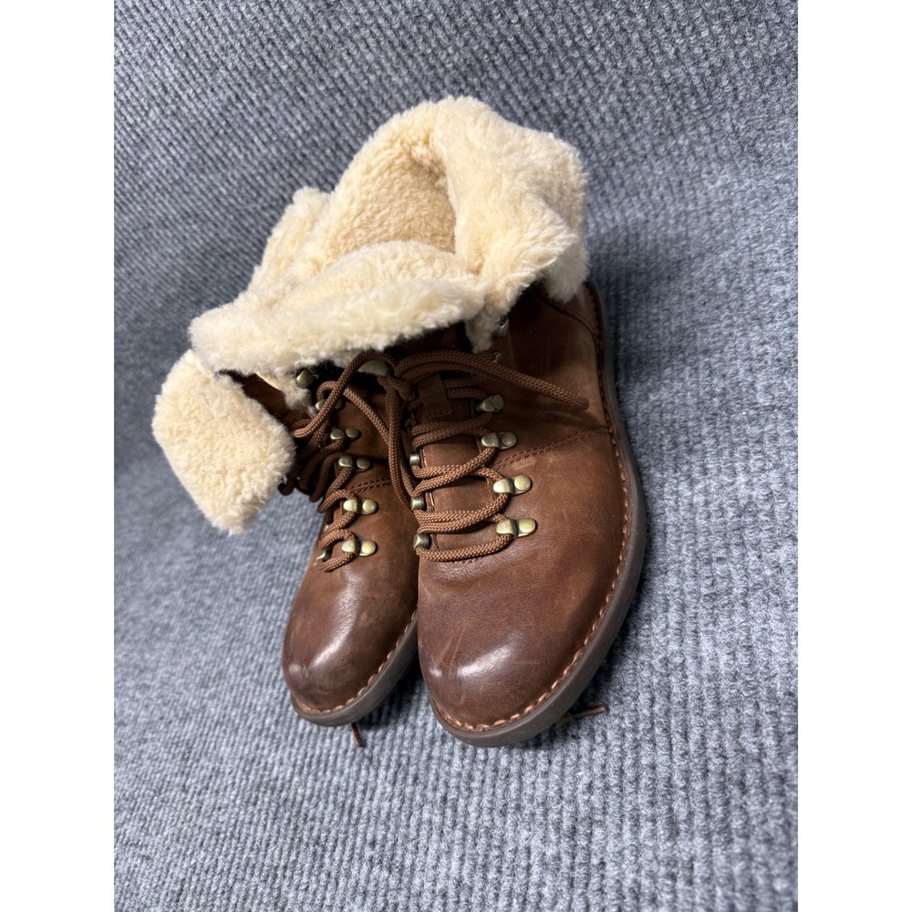 Brown Leather Shearling‎ Lined Lace Up Hiker Ankle Boots Brass D-Ring Eyelets